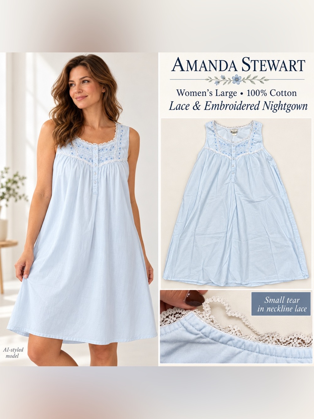 Amanda Stewart Blue 100% Cotton Lace Nightgown Women’s Large